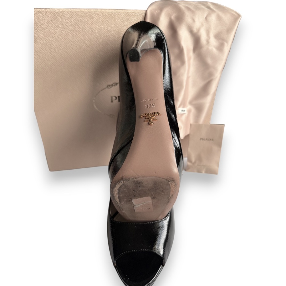 PRADA Vernice Saffiano leather peep toe platform pumps black size 39.5 - Picture 11 of 16